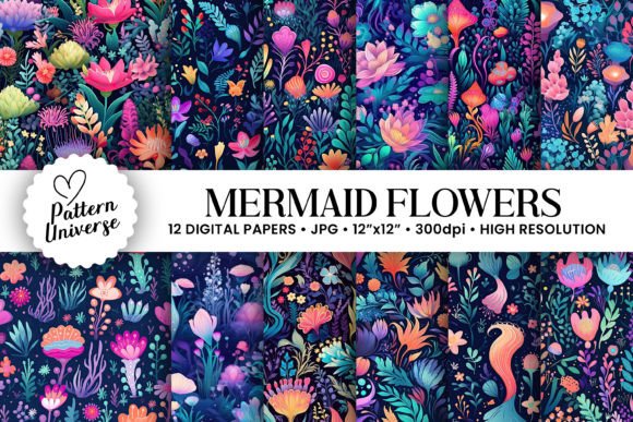 Download Mermaid Flowers Seamless Pattern Bundle - Seamless pattern Collection